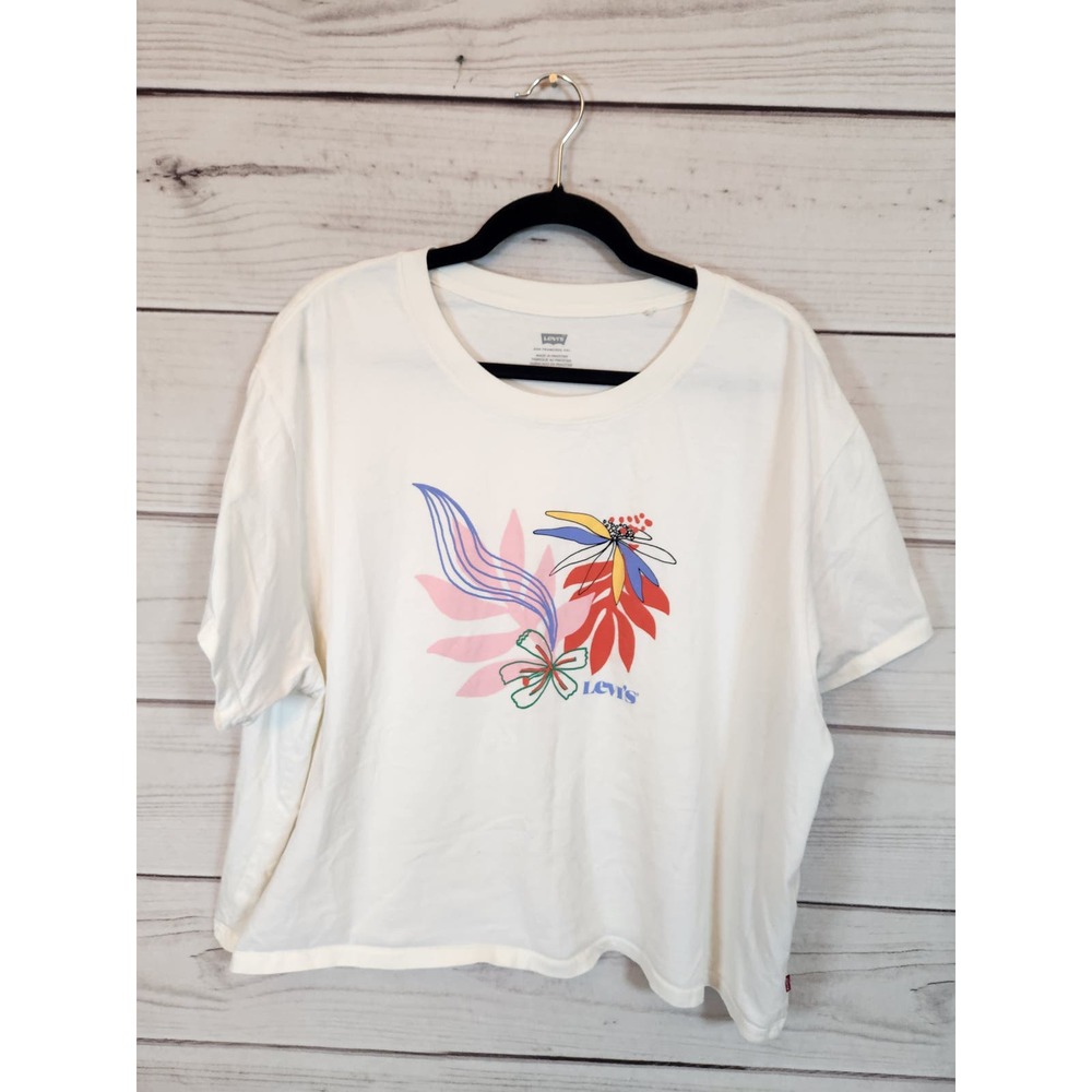 Levi's Women's White Solid Cotton Short‎ Sleeve Crew Neck Crop Top Size 2XL